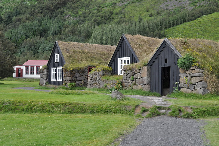 torfhaus, füves tető, Izland, Kunyhó, épület, természet, vidéki táj