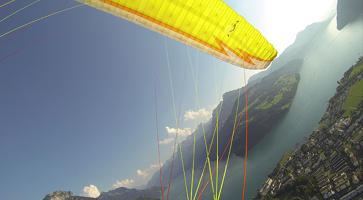paragliding, fly, summer, mountains, dom, fountain, lake lucerne region