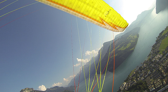 paragliding, Fly, léto, hory, Dom, Fontána, regionu Lucernské jezero