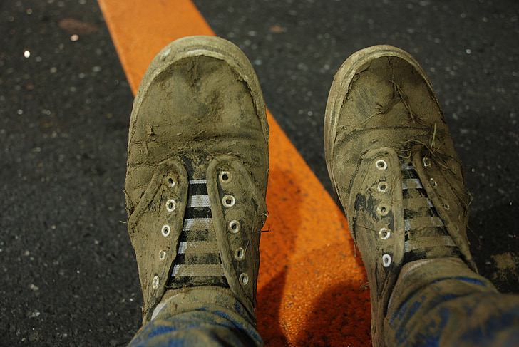 schoenen, vuile, modder, reizen, vuil, gedragen