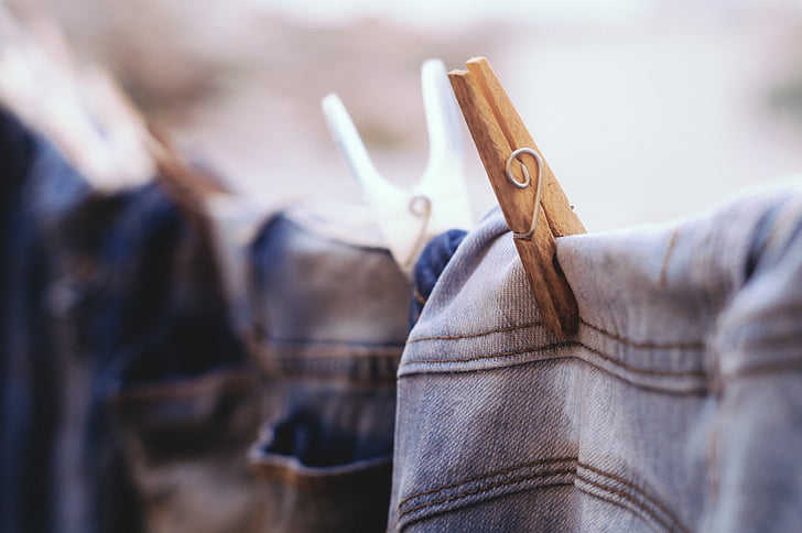 blur, clothes, clothespins, color, denim, hanged, jeans