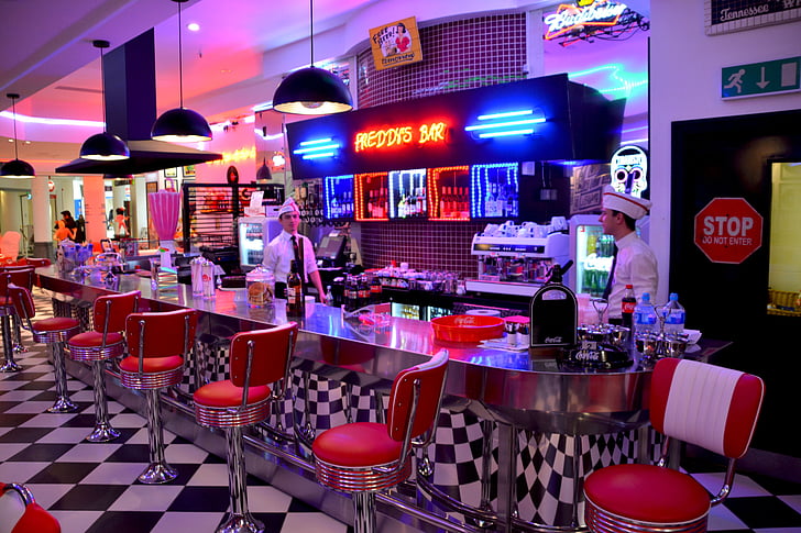 american diner, red chairs, cafe, restaurant, red, table, chair