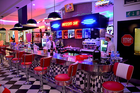 American diner, Červené stoličky, kaviareň, Reštaurácia, červená, Tabuľka, Stolička