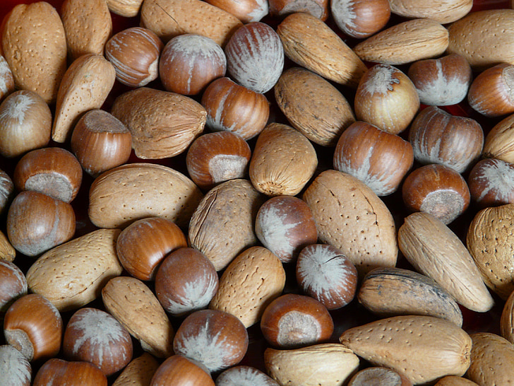 nuts, hazelnuts, almonds, shells, eat, food, brown