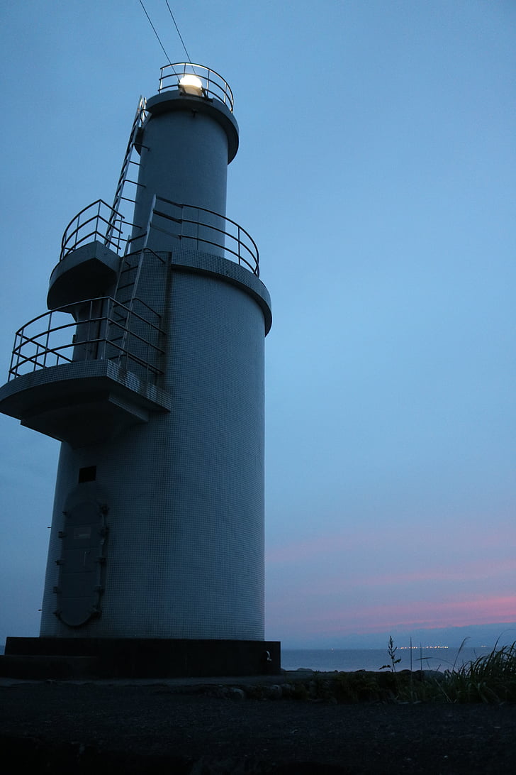 lighthouse, sea, sunset, at dusk, sky, blue, red