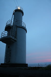 灯台, 海, サンセット, 夕暮れ時に, 空, ブルー, 赤