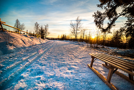 Inverno, slide, pôr do sol, tobogã, trenó de madeira, neve