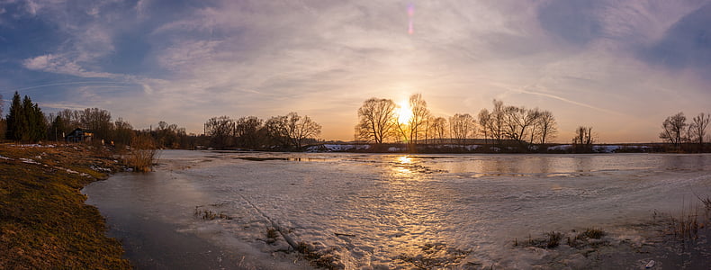 Захід сонця, Панорама, Весна, Річка, лід, Природа, Росія