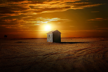 landscape, desert, sand, hut, sunset, sky, sun