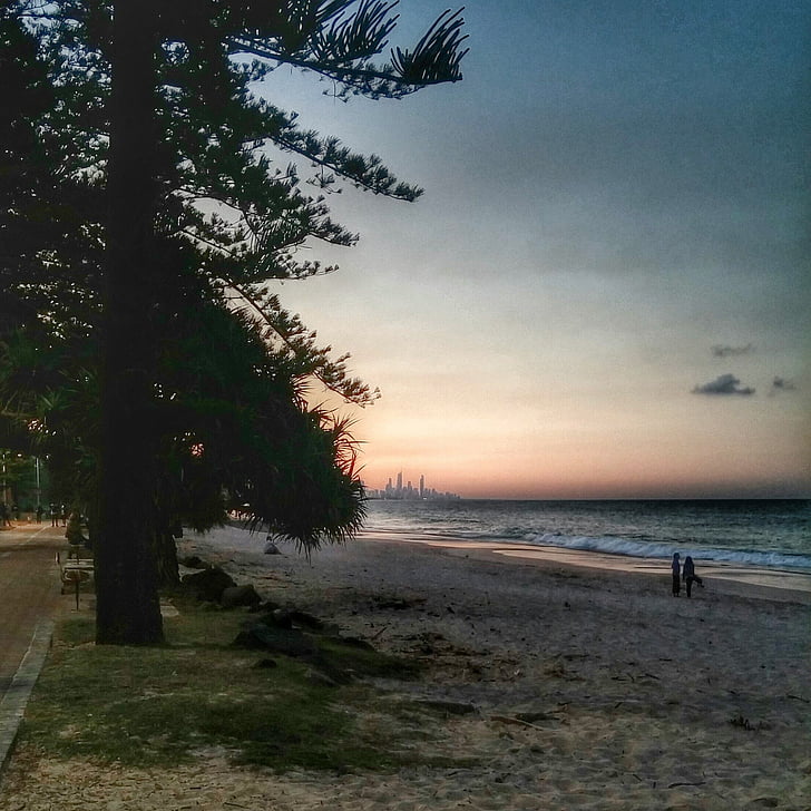 Australia, Gold coast, zachód słońca, Burleigh heads, morze, horyzont, Plaża