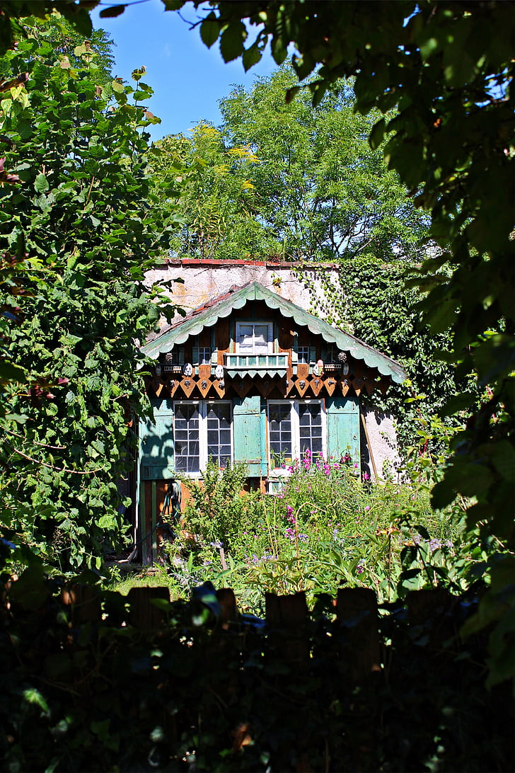 Casetta da giardino, log cabin, romantica, vecchio, stato d'animo, giardino, natura