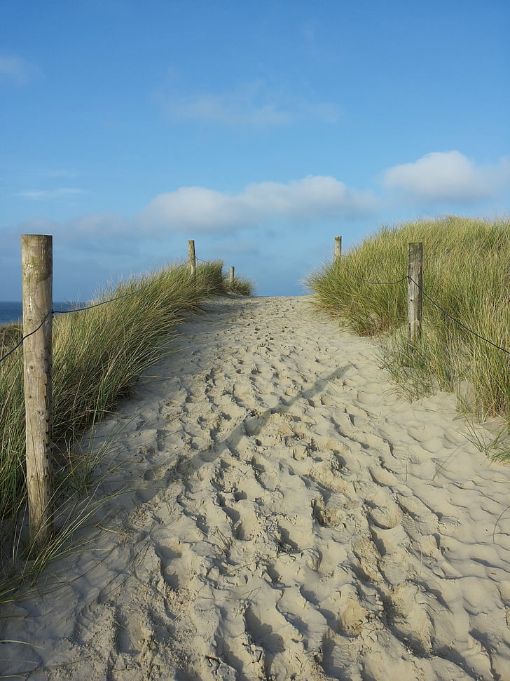 Dünenweg, lábnyomok, homok, tenger, Beach, el