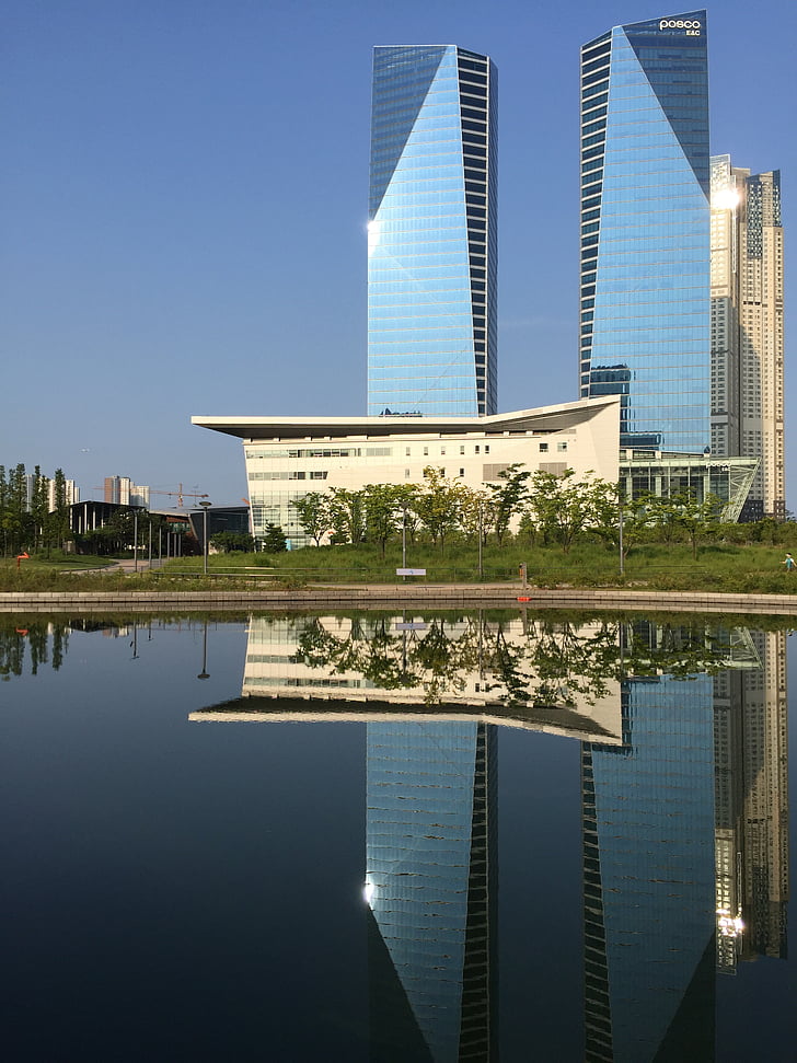 Incheon, Songdo, Posco torre, arquitetura, reflexão, exterior do prédio, estrutura construída
