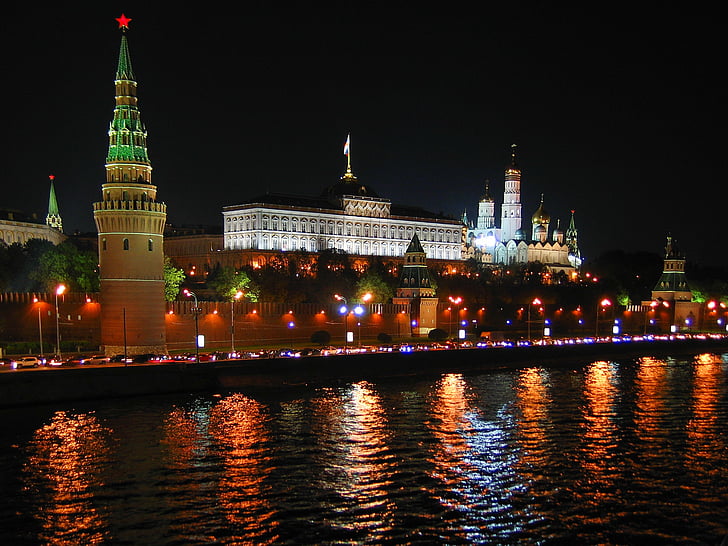 Rusland, Moskou, het kremlin, nacht, Panorama, Kremlin, het platform