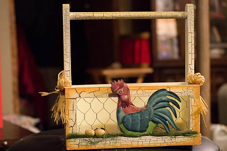 rooster, basket, spring, egg, decoration, countryside, farm