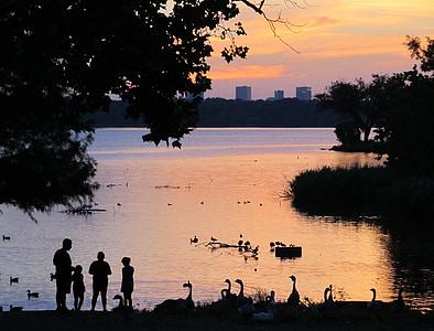 Sundown, Lake, familie, silhouet, water, schemering, Horizon