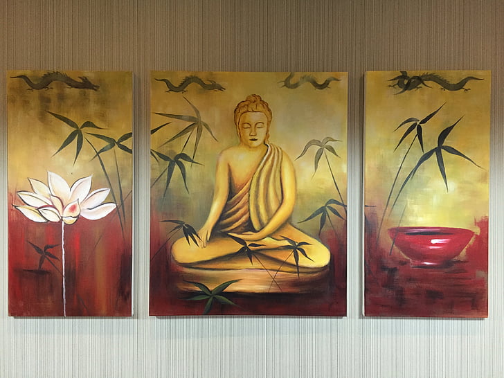 mural, buddha statues, lotus, lotus leaf, plant, green leaf