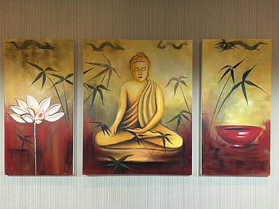 pictura murala, statui Buddha, Lotus, frunză de Lotus, plante, frunza verde