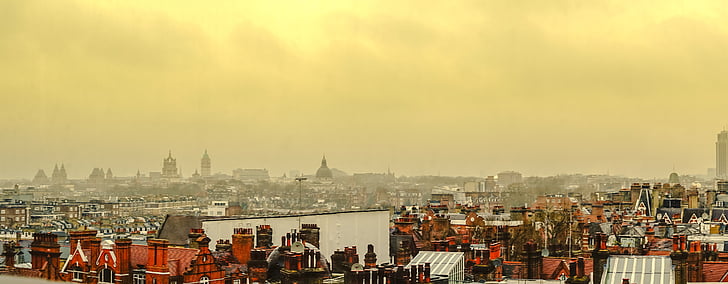 London, Skyline, smog, stormigt, Londons silhuett, huvudstad, Storbritannien