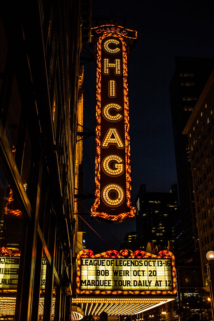 Chicago, éclairé, panneaux de signalisation, nuit, nuit, sombre, lumières