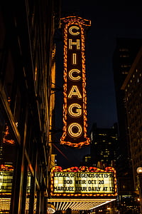 Chicago, világító, jelzések, éjszakai, éjszaka, sötét, fények