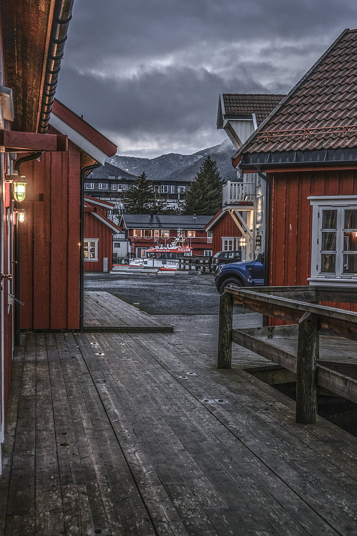 σπίτια, ξύλινα, χωριό, Νορβηγία, Αυγή, σκούρο, διανυκτέρευση