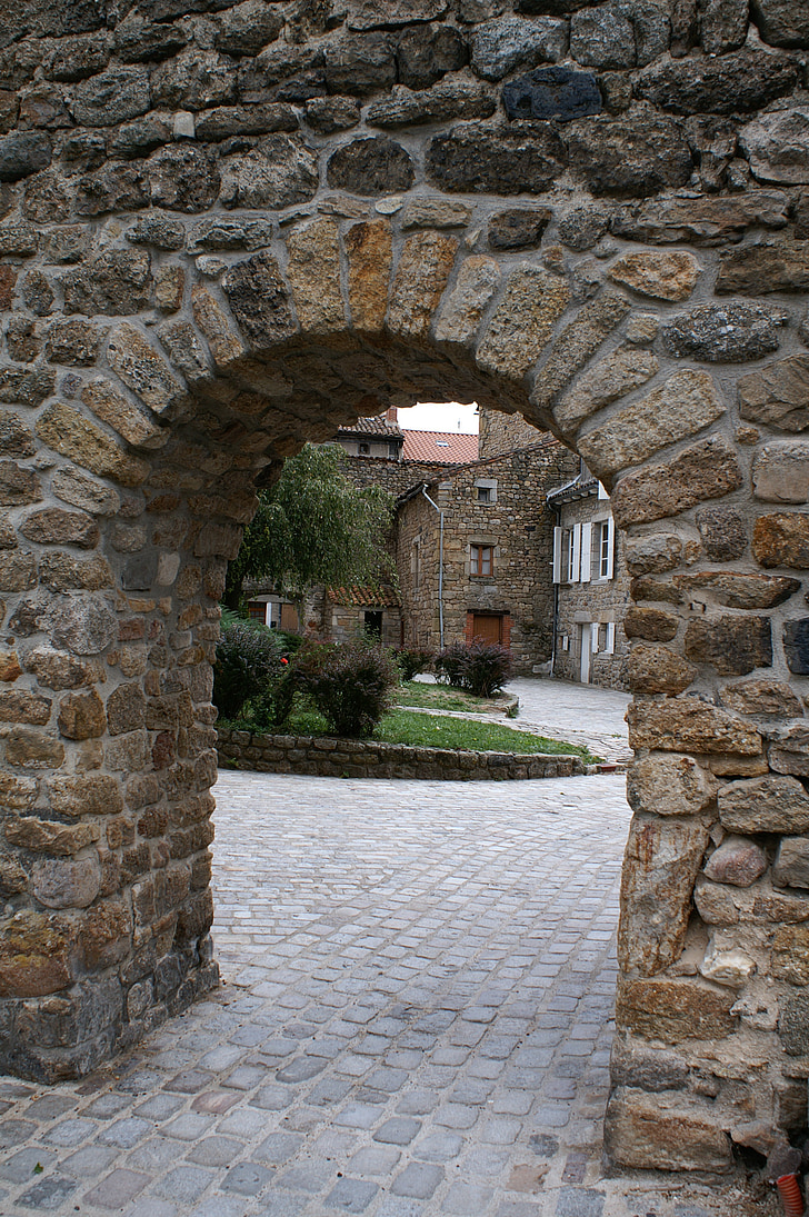 old house france, stone walls, courtyard, french village, arch stones, porch, trees