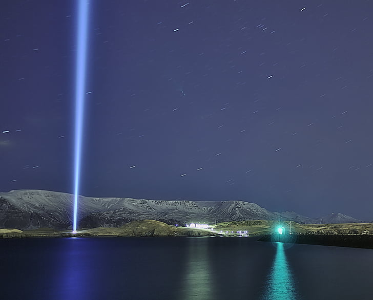 Reykjavik, noc, światło, pokoju, Wieża, krajobraz, góry
