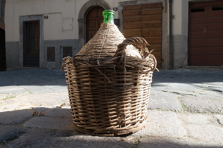 wine balloon, raffia basket, transport, basket, patch, old, antique