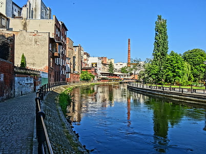Bydgoszcz venice, Brda, fiume, Case, urbano, riflessione, Polonia