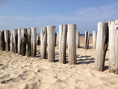 Plaża, morze, niebo, Holandia, Holandia, piasek, drewniane deski