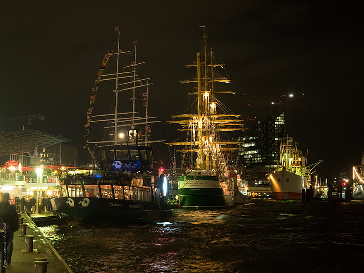 hamburg, night, hafengeburtstag, sailing vessel, sail, rigging, ship