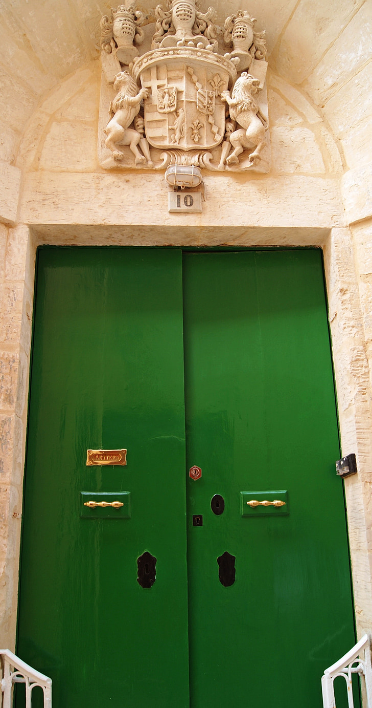 Malta, cửa, màu xanh lá cây, điêu khắc đá