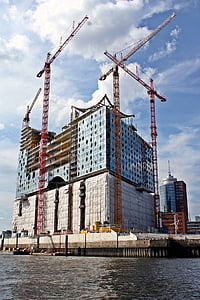 elbe philharmonic hall, hamburg, harbour city, crane, architecture, building, large construction site