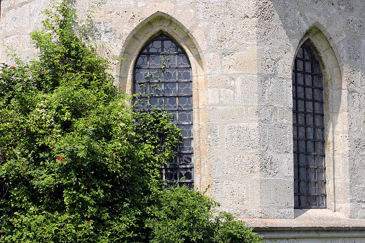 ventana, arco apuntado, ventana de iglesia, vidrio emplomado, antiguo, metal, nostalgia