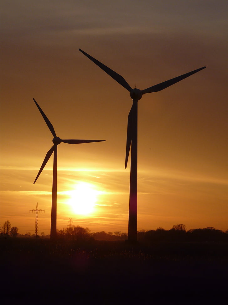 de dia, vent, energia eòlica, energia, posta de sol, energia eòlica, Molí de vent