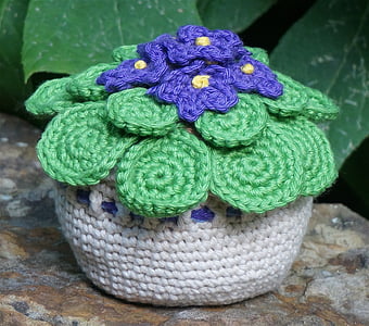 african violet, handmade, crochet, yarn, green, purple, decor