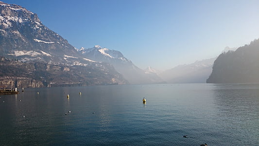 tó, téli, köd, Luzern