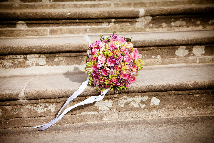 merah muda, kuning, pernikahan, boquet, tangga, bunga, pernikahan karangan bunga
