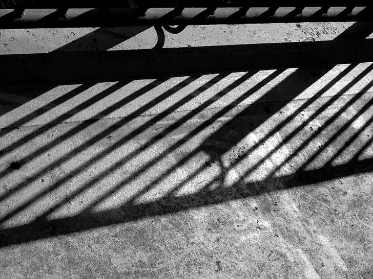 fence, shadows, black and white, concrete, urban, exterior, construction