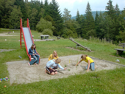 playground, sand pit, slide, see saw, girl, veltishof youth hostel, meadow