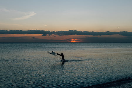 fisherman, fishing, fishing-net, net, ocean, sunset