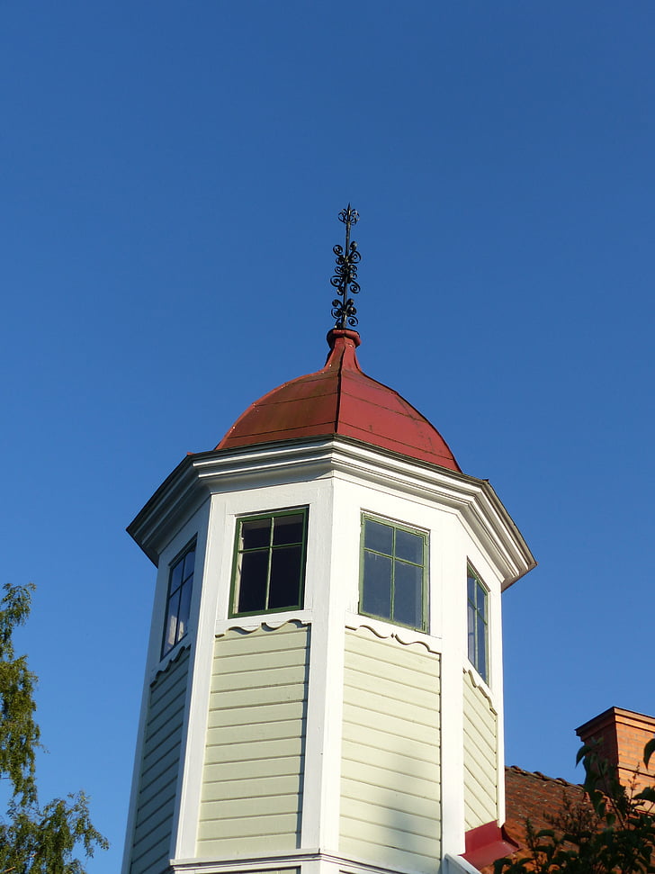 tower block, window, spire, wooden fascia, himmel, blue, colors