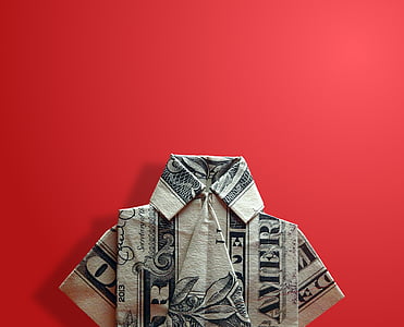 origami, νομοσχέδιο δολάριο, πουκάμισο, χαρτί, κόκκινο, φόντο, χαρτονόμισμα