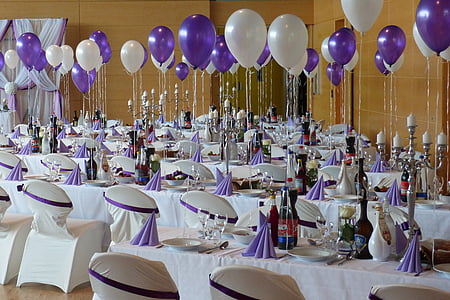 table de mariage, table de banquet, festive, décoré, belle, couverts, buffet
