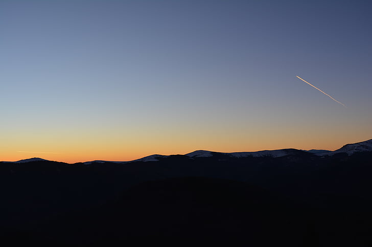 mountain, sunset, sky, silhouette, plane, nature