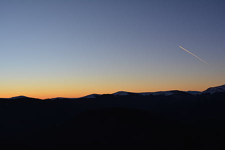 montagna, tramonto, cielo, sagoma, aereo, natura