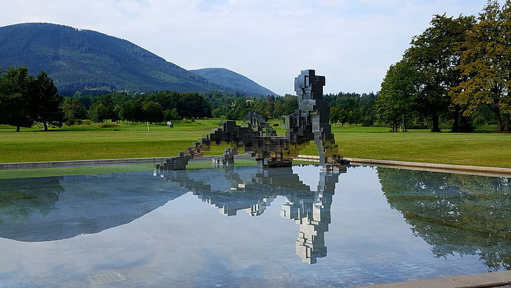 sculpture, art, water, reflection, metal, mirroring, mountain