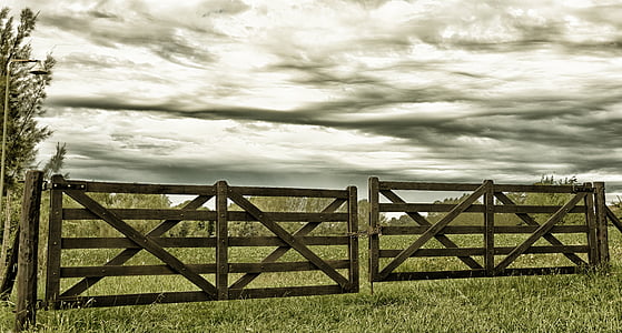 フィールド, 木製ドア, ゲート, 空, 雲, グリーン, 草