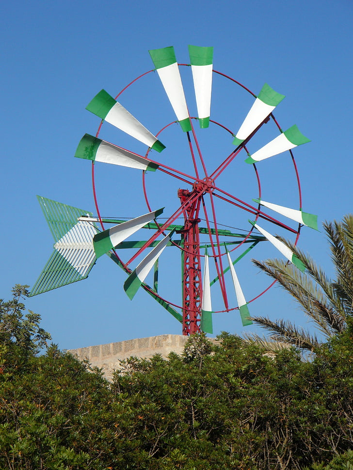 windmill, mallorca, wheel, wind, landmark, wind power, metal